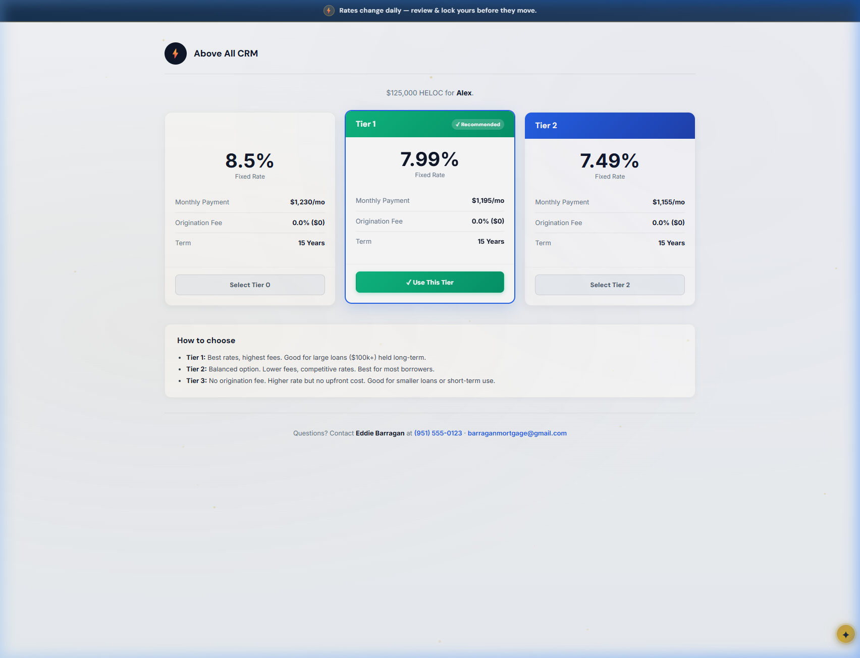 Compare HELOC quote — 3 rate options side by side (7.99%, 8.49%, 8.99%) with How to Choose guide below