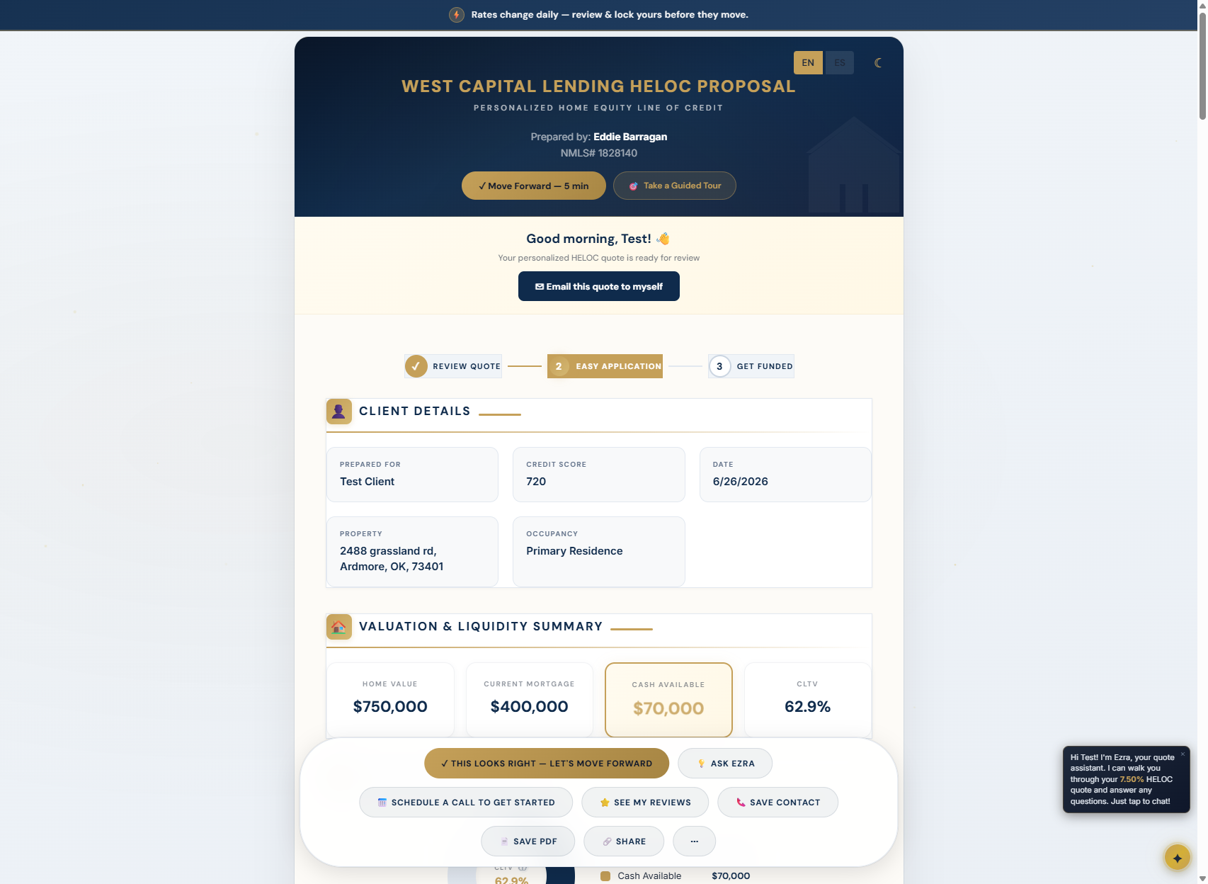Actual Above All CRM client-facing HELOC quote page — rate options, payment breakdown, Ezra AI chat, and compliance footer