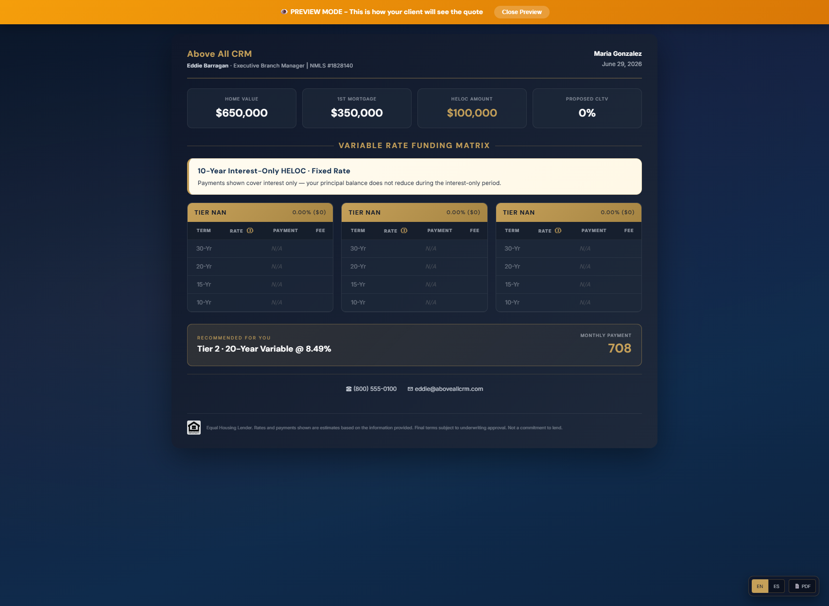 Minimal HELOC quote — clean dark rate matrix with payment and tier breakdown, zero distractions