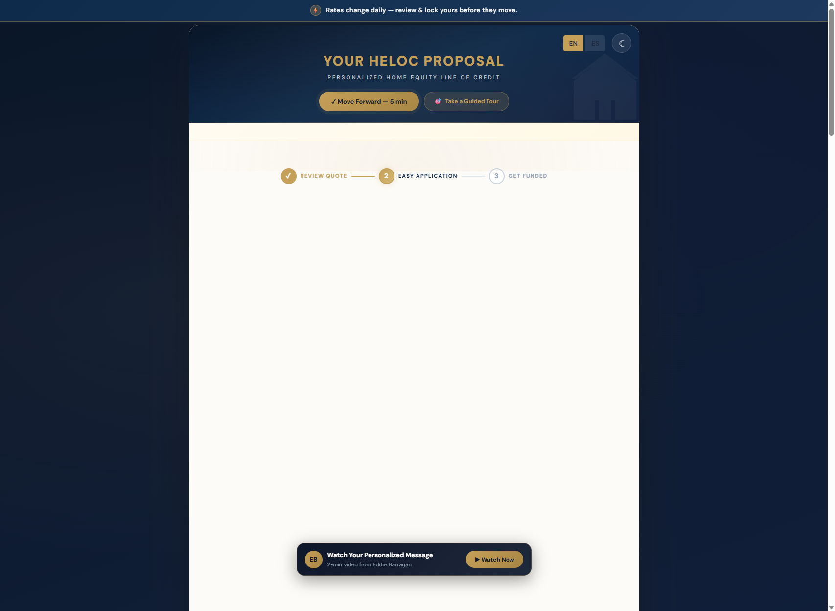 Above All CRM video quote — AI-narrated cinematic reel with borrower name, rate, payment, and animated call-to-action
